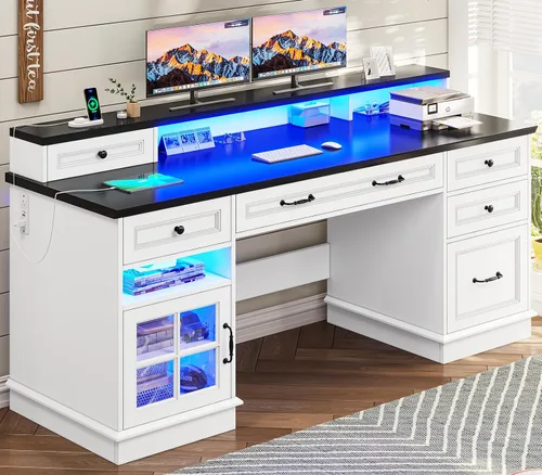 Vista 9 de BTHFST Escritorio ejecutivo estilo granja con cajón para archivos, escritorio para computadora con estación de carga y luces LED, escritorio de Gris