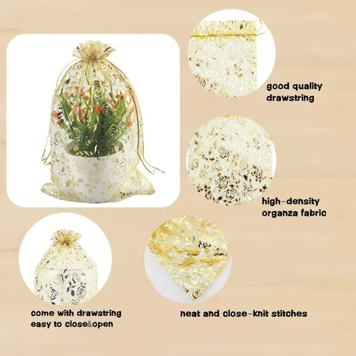 Vista 5 de 8 x 12 pulgadas 100 bolsas de flores de corazón con cordón de organza bolsa de regalo de joyería bolsa de dulces con cordón de regalo de boda