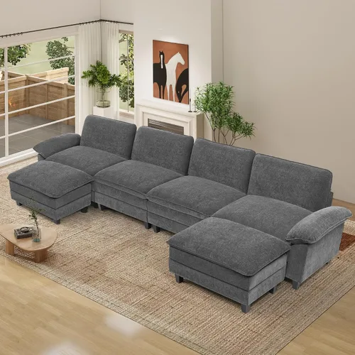 Vista 13 de Sofá modular modular de 118 pulgadas, cómodo sofá seccional de chenilla de 3 asientos para sala de estar, dormitorio y apartamento, color beige Pana