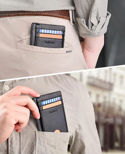 Vista 6 de Buffway - Billetera delgada minimalista de cuero con protección RFID para hombre y mujer