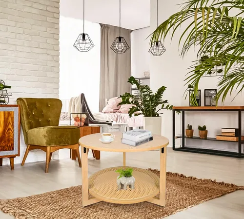 Vista 6 de ZYBT Mesas de centro de ratán para sala de estar, mesa de centro pequeña para espacios pequeños, mesa de centro redonda con almacenamiento, mesa