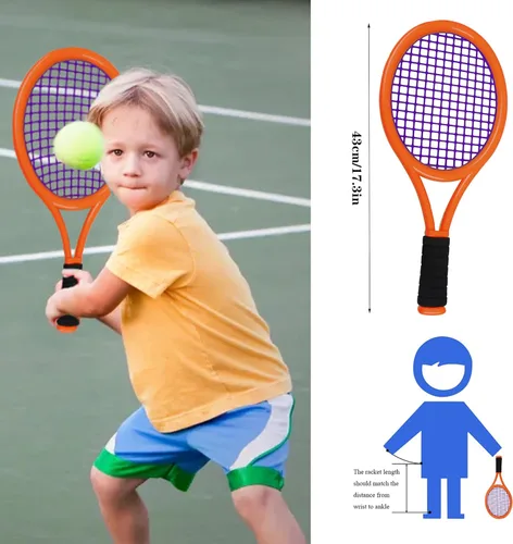 Vista 2 de Raqueta de tenis para niños con bolsa, raqueta de plástico incluye 2 bolas de espuma, 2 pelotas de tenis, 4 bádminton para niños, juegos deportivos
