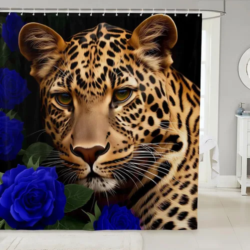 Vista 12 de Cortina de ducha con estampado de leopardo y gato con rosas rojas, 72 pulgadas de ancho x 72 pulgadas de largo, juego de cortina de ducha con flores