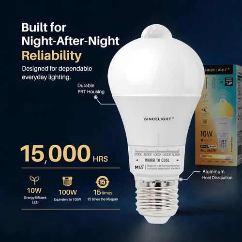 Vista 2 de SINCELIGHT - Bombilla LED con sensor de movimiento de 10 W con base E26, activada por movimiento PIR en la oscuridad, encendido/apagado automático 5