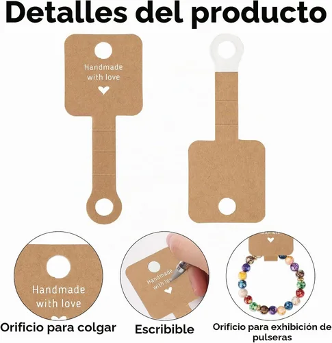 Vista 3 de joycraft 100 tarjetas autoadhesivas para pulseras, papel kraft hecho a mano con tarjetas en blanco de amor, embalaje de joyería para vender