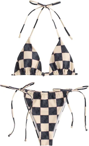 Vista 34 de ZAFUL Bikinis triangulares estampados para mujer, 2 piezas, bikini halter, traje de baño de corte alto, traje de baño con lazo lateral 0-negro a