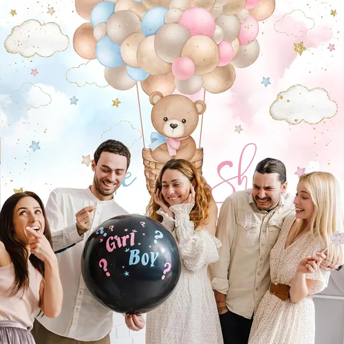 Vista 4 de Mocsicka Fondo de globo aerostático de oso rosa o azul, oso rosa o azul, para revelar el género, We Can Bearly Wait Gender Reveal Party Cake Table