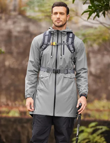 Vista 3 de COOFANDY Chubasquero largo para hombre, chaqueta impermeable para exteriores, con capucha