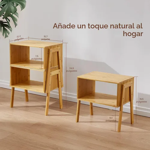 Vista 3 de Pipishell - Mesas auxiliares apilables de bambú, mesita de noche de madera para sala de estar, mesas de cabecera para almacenamiento en dormitorio