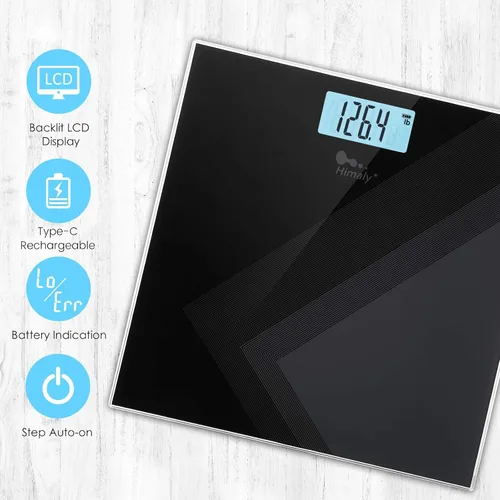 Vista 6 de himaly Báscula digital de peso corporal, báscula de baño recargable tipo C con tecnología Step-On, pantalla de luz trasera, escala de peso digital
