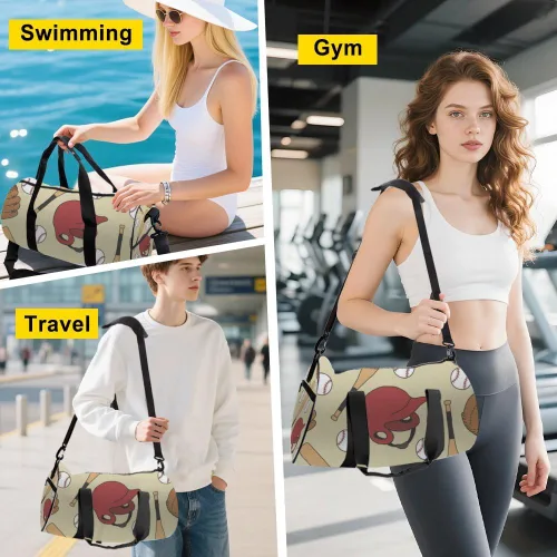 Vista 4 de Baseball Doodle Pattern Foldable Gym Bag With Shoe Compartment Oxford Tote Bags Adjustable Shoulder Strap, Convertible Carry Backpack Retro Gym Bag