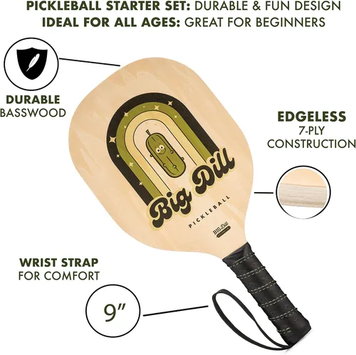 Vista 6 de Big Dill Pickleball Juego de 4 raquetas de madera y bolas de pepinillo - Kit de pickleball para principiantes con bolas y bolsa de transporte