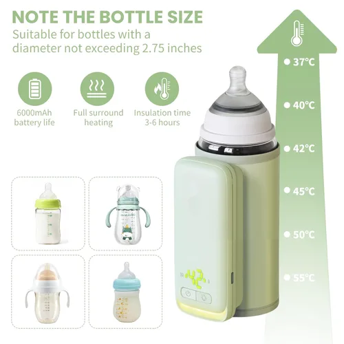 Vista 3 de Calentador de botellas aislado portátil, calentador de bebé sin agua, 6000 mAh y control de temperatura de 6 niveles, con una pequeña luz de altura