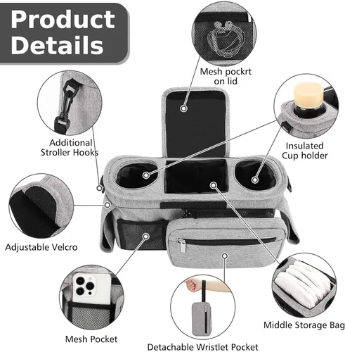 Vista 3 de Organizador universal para cochecito con portavasos aislado, bolsa desmontable para teléfono y correa de transporte, se adapta a Uppababy, Baby claro