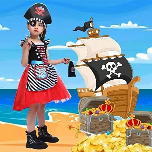 Vista 3 de SPUNICOS Disfraz de pirata de lujo para niñas, vestido de princesa pirata con accesorios