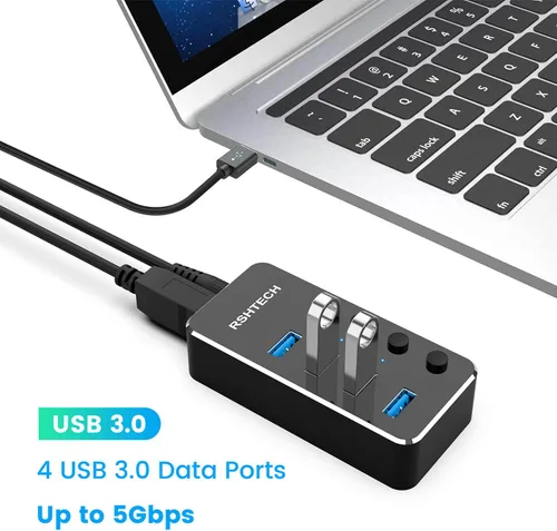 Vista 5 de Concentrador USB alimentado RSHTECH de 4 puertos USB C a USB 3.0, expansor de concentrador de aluminio portátil USB 3.0 con adaptador de CA de 5 V e