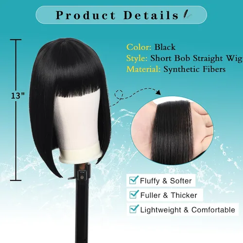 Vista 3 de Kalyss - Pelucas cortas de cabello negro con flequillo para mujer, peluca de cabello sintético completo, resistente al calor, peluca corta y recta