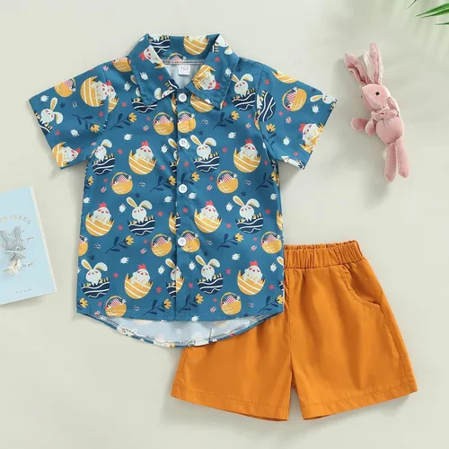 Vista 16 de Conjunto de 2 piezas de camiseta de manga corta con botones y pantalones cortos sólidos para bebé niño