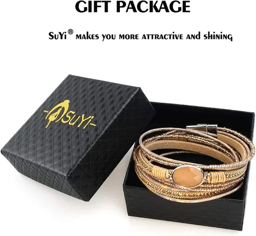 Vista 7 de SuYi - Pulsera de cuero trenzado de múltiples capas, con hebilla magnética