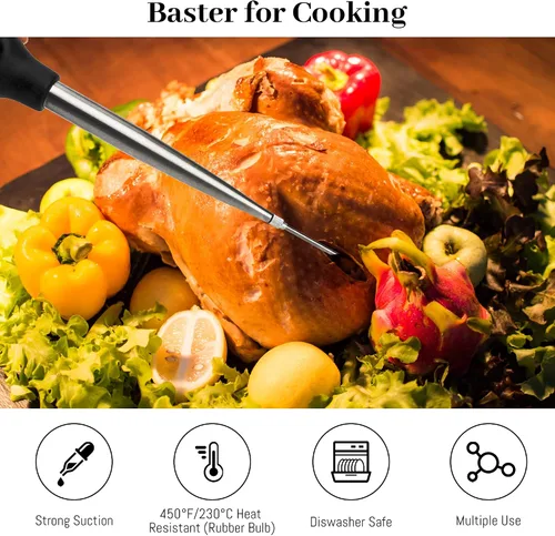 Vista 6 de Baster de Pavo para Cocinar, Inyector de Carne Grande de Acero Inoxidable, con Cepillo de Limpieza y 2 Agujas de Adobar, Negro