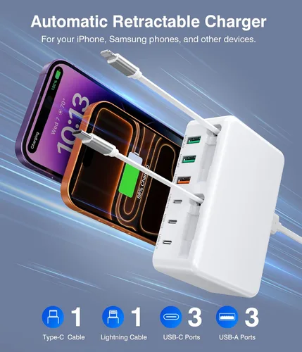 Vista 9 de Bloque de Carga USB C Retráctil 8-en-1 Mejorado, Hub de Estación de Carga Múltiple GaN de 120W con Cable Lightning y Tipo C, Enchufe de Tira