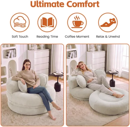 Vista 5 de Boneless Convertible Round Floor Sofa Chair with Expandable Seat, Beige Oversized Lounge Seating, High-density Foam Comfort, Reading Chair, No
