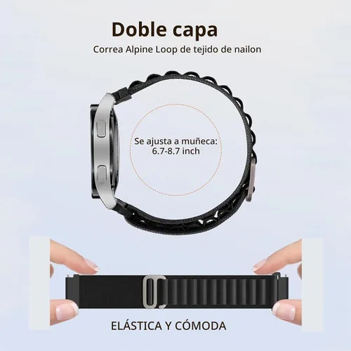 Vista 5 de Correa de nylon compatible con Samsung Galaxy Watch 7/FE/6/5 Pro 4 3/Watch 4 6 Classic/Active/Gear S2 S3 Frontier, correa de bucle deportivo de 20