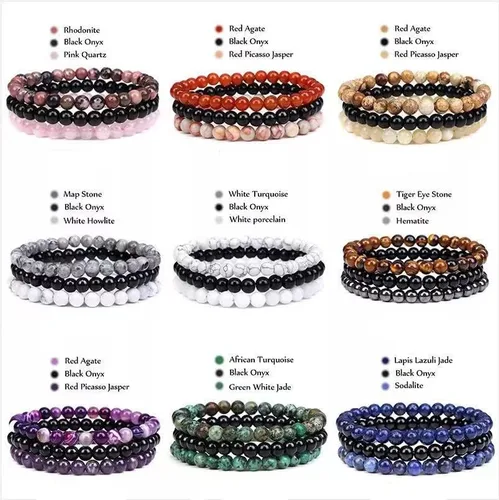 Vista 4 de Caiyao 3 pulseras de cuentas de piedras semipreciosas naturales de 0.315 pulgadas para mujeres y hombres, pulsera de piedra de Reiki de cristal