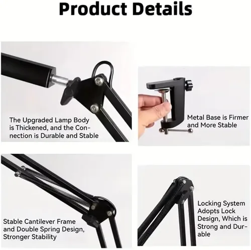 Vista 5 de Lámpara de escritorio LED, lámpara de brazo oscilante ajustable con abrazadera, luz de escritorio de lectura que cuida los ojos, 10 niveles