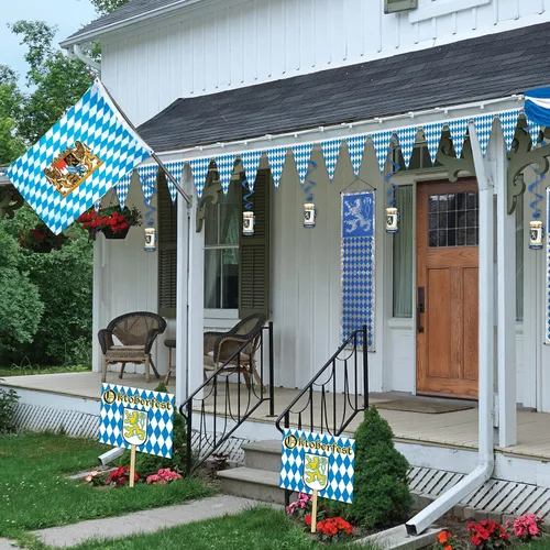 Vista 4 de Beistle Oktoberfest - Banderín bávaro, guirnalda de bandera a cuadros azules y blancos para celebraciones temáticas alemanas, decoraciones de fiesta