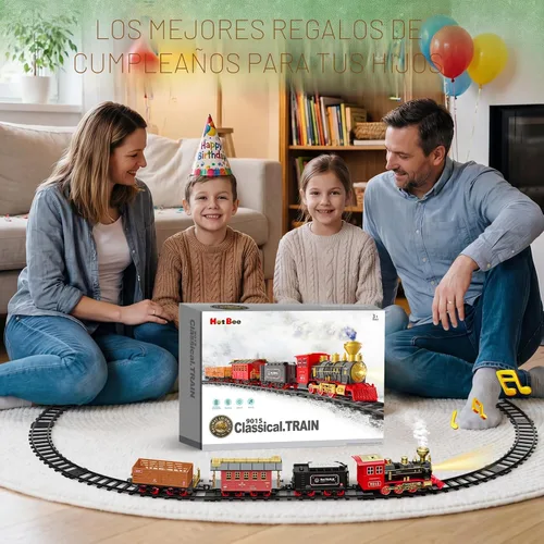 Vista 7 de Hot Bee Juego de tren – Juguetes de tren para niños con humo, luces y sonido, pistas, tren de juguete con locomotora de vapor, coches de carga