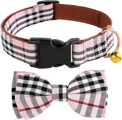 Vista 9 de Yizepet Collar de perro con corbatín - Collar ajustable para mascotas con collar de hebilla de plástico, patrón elegante para niños pequeños Beige