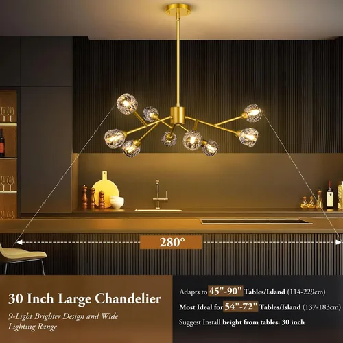 Vista 3 de 9-Light Sputnik Chandeliers, Gold Dining Room Light Fixture Over Table, Modern Crystal Chandelier, Brass Farmhouse Ceiling Light Fixture Hanging for