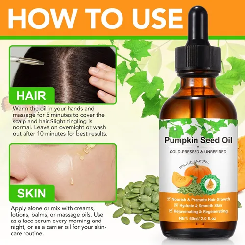 Vista 5 de Aceite de semilla de calabaza para el crecimiento del cabello, aceite de calabaza 100% puro prensado en frío para cabello seco dañado, hidratante