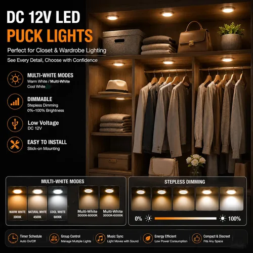 Vista 7 de Luces LED inteligentes de disco, iluminación regulable debajo del gabinete con control de aplicación Bluetooth, sincronización de música