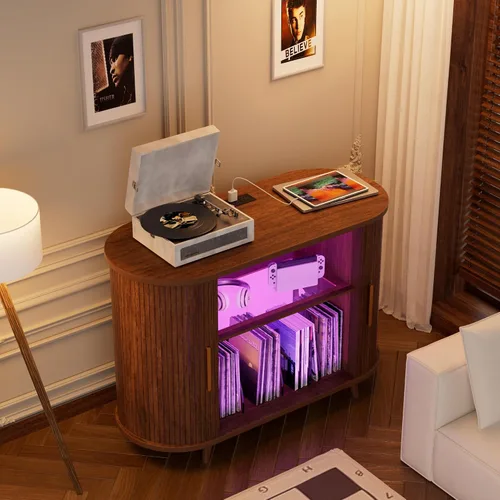 Vista 3 de Soporte para tocadiscos de vinilo con luces LED y estación de carga, soporte grande para discos con puerta corrediza para tocadiscos, altavoces