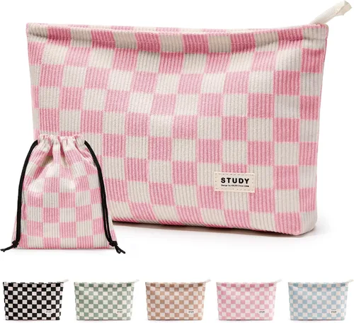 Vista 12 de WLLWOO - 2 bolsas de maquillaje de pana con cara sonriente, bolsa de cosméticos con cremallera interior impermeable, estuche para lápices, monedero