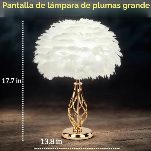 Vista 7 de Lámpara de Mesa de Pluma con Base de Jaula Espiral Dorada Única - Luz de 3 Temperaturas de Color, Perfecta para Mesita de Noche del Dormitorio