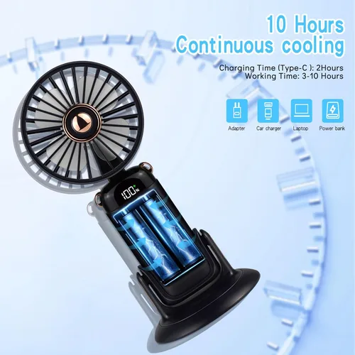 Vista 5 de Versátil ventilador portátil 4 en 1, ventilador a pilas con base, ajustable a 90°, mini ventiladores recargables, pantalla digital y capacidad