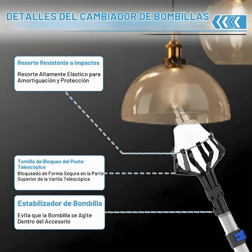Vista 3 de Bombilla de alcance de 28 pies de 5 a 20 pies con poste de extensión telescópica para techos altos con plumero, cestas y ventosas para luces Azul