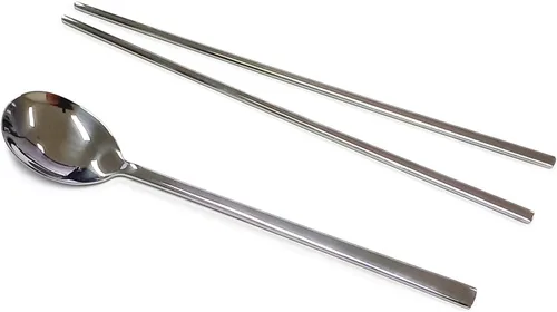 Vista 3 de Cubertería tradicional coreana de acero inoxidable cucharas y palillos juego de vajilla con mano larga, reutilizable (sin patrón)