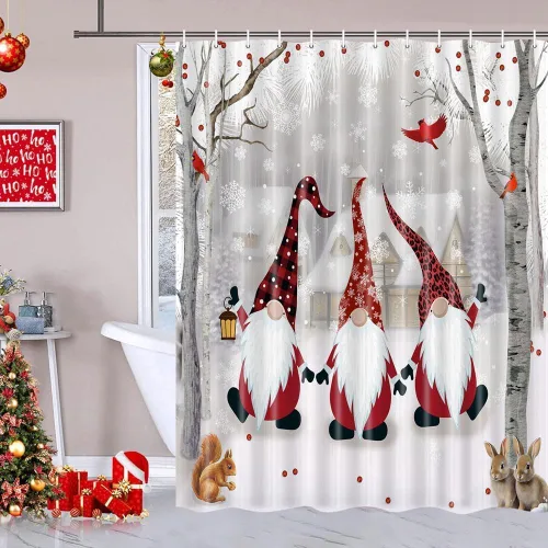 Vista 7 de Christmas Shower Curtain Gnome Winter Shower Curtain Snowy Forest Birth Tree with Cute Fun Gnome Bath Curtain Xmas New Year Bathroom Decor Bathroom