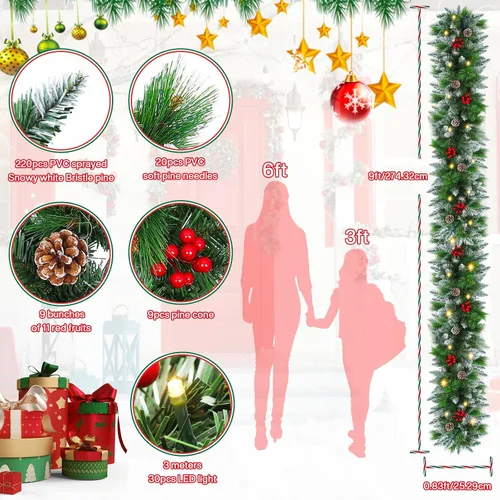 Vista 3 de Guirnalda de Navidad preiluminada de 9 pies con luces decorativas: guirnalda de vegetación artificial que funciona con pilas para chimenea
