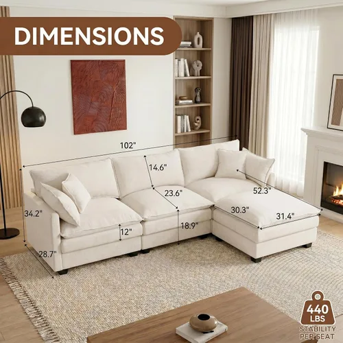 Vista 2 de Sofá modular modular de chenilla Cloud de 102 pulgadas con otomana Beige
