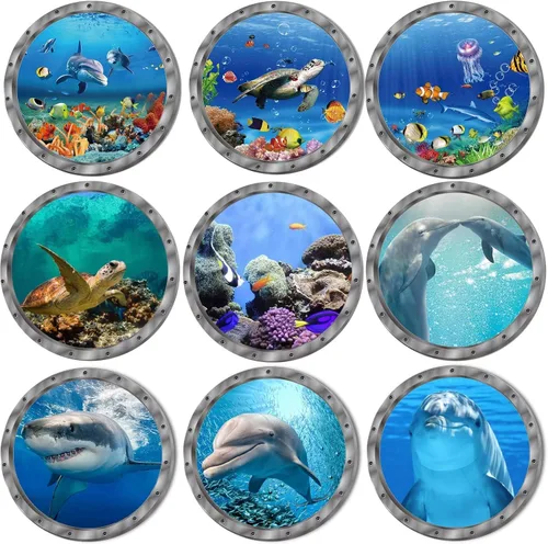 Vista 8 de Decoración del mundo bajo el mar de animales oceánicos, incluye tiburones delfines, 3 unidades, removibles, 3D, adhesivos de vinilo para despegar
