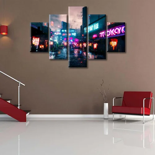 Vista 99 de Cuadros de 5 paneles de Cyberpunk City, arte de pared, representación de vallas publicitarias, edificios modernos en la capital con obras de arte