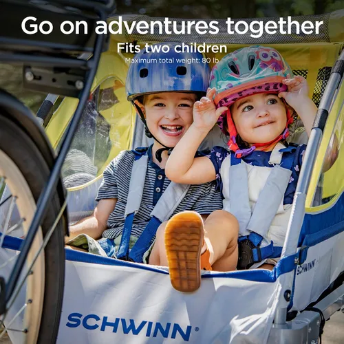Vista 2 de Schwinn Echo - Remolque de bicicleta para niños, máximo de 2 niños con peso total de 80 libras, toldo, neumáticos llenos de aire de 20 pulgadas