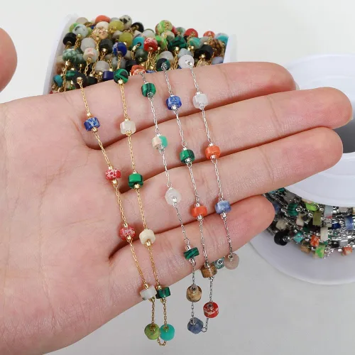 Vista 6 de GIOTEL Cadena de cuentas de piedra natural de acero inoxidable de 3.3 ft para pulseras hechas a mano, collares, collares, materiales de fabricación