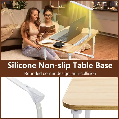 Vista 5 de Escritorio para computadora portátil para cama con luz de escritorio LED, mesa ajustable para tableta con patas plegables, cajón de almacenamiento