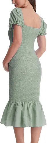 Vista 6 de Vestido de maternidad de verano a media pierna, manga corta abombada, cuello cuadrado, dobladillo con volantes, vestido de sirena para baby shower